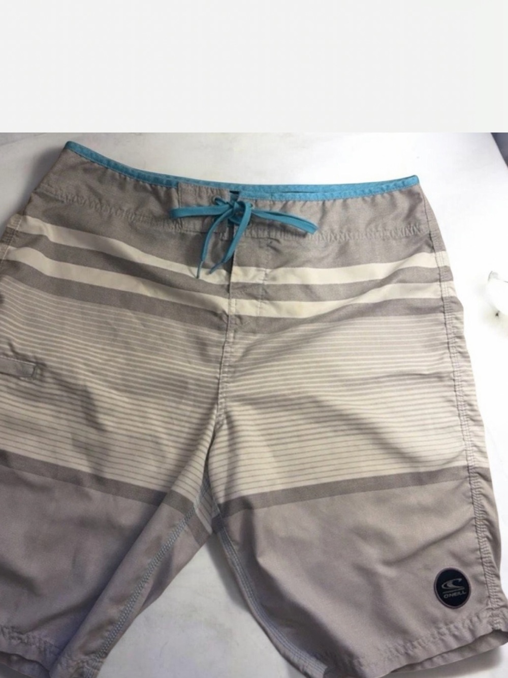 O’Neill Buckle Board Shorts Mens 33 Gray White Stripe Surf Swim Trunks 21”